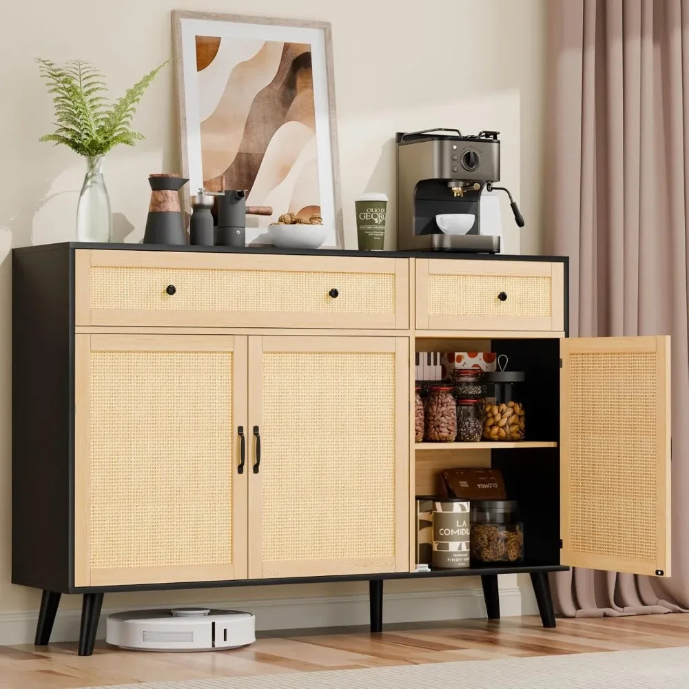 "Sideboard Buffet Storage Cabinet, Rattan Design with 2 Drawers & 3 Doors – Versatile Buffet Table for Kitchen, Dining & Living