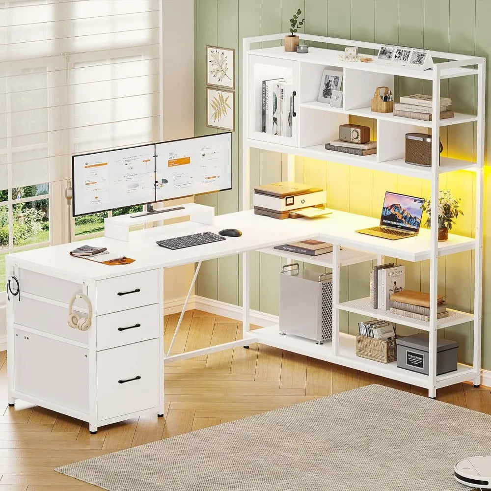 L Shaped Computer Desk with 3 Drawers and Bookshelf for Home Office