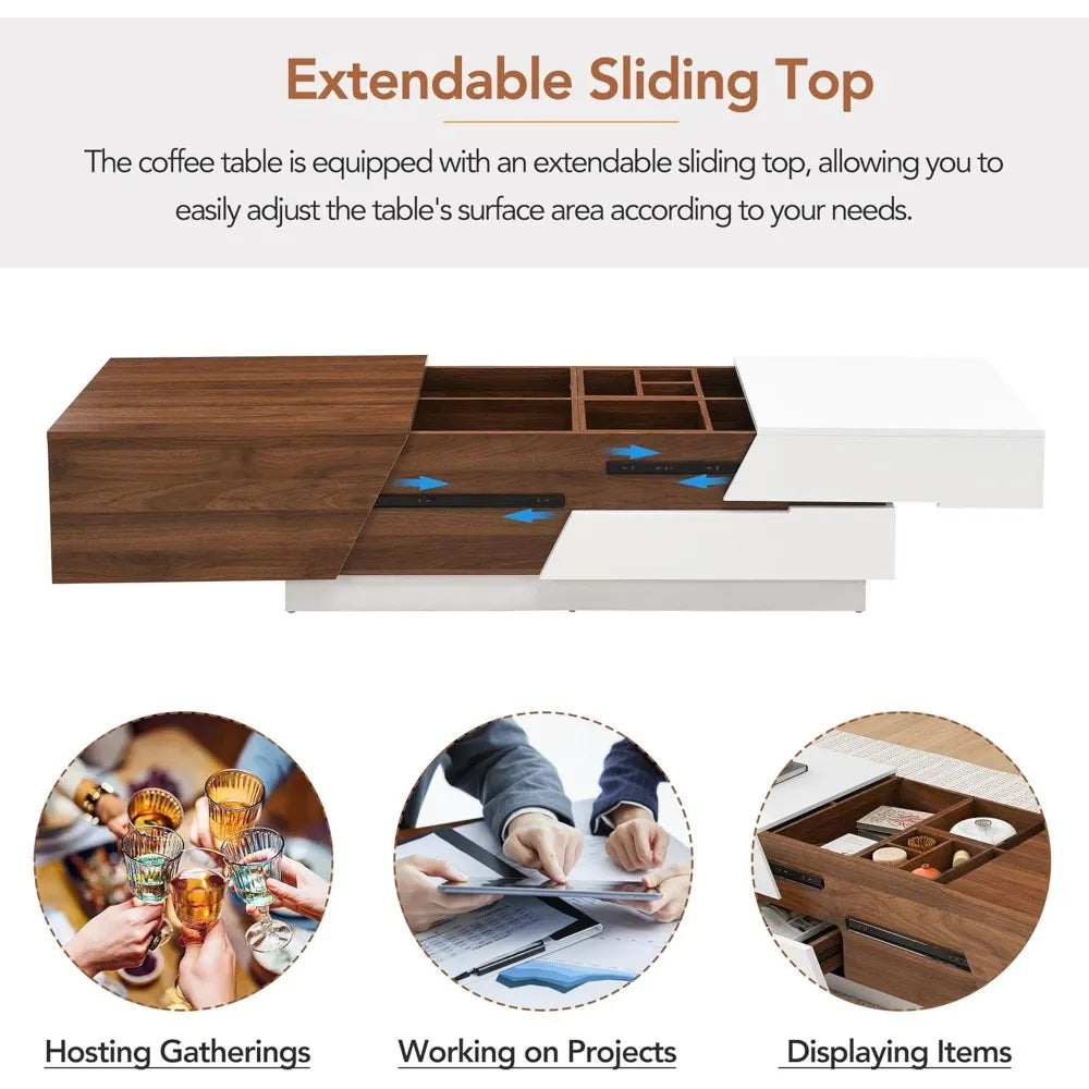 Extendable Sliding Coffee Table with Storage for Living Room Office