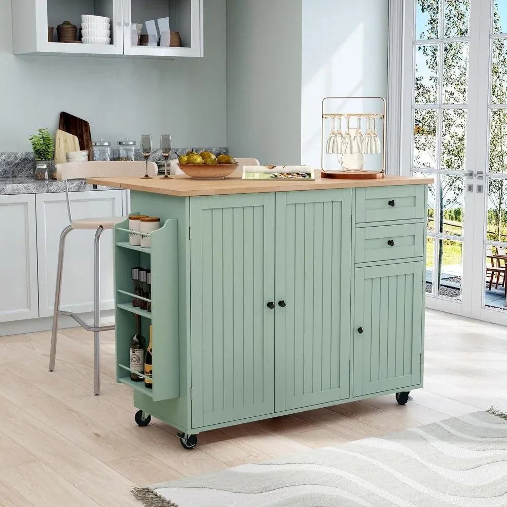 Rolling Kitchen Island with Storage Drop-Leaf Bar Countertop Modern Style