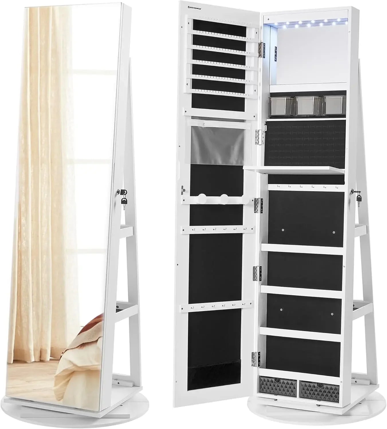 Ljustra 6 LED Lockable Mirror Jewelry Cabinet 360° Swivel Organizer Armoire