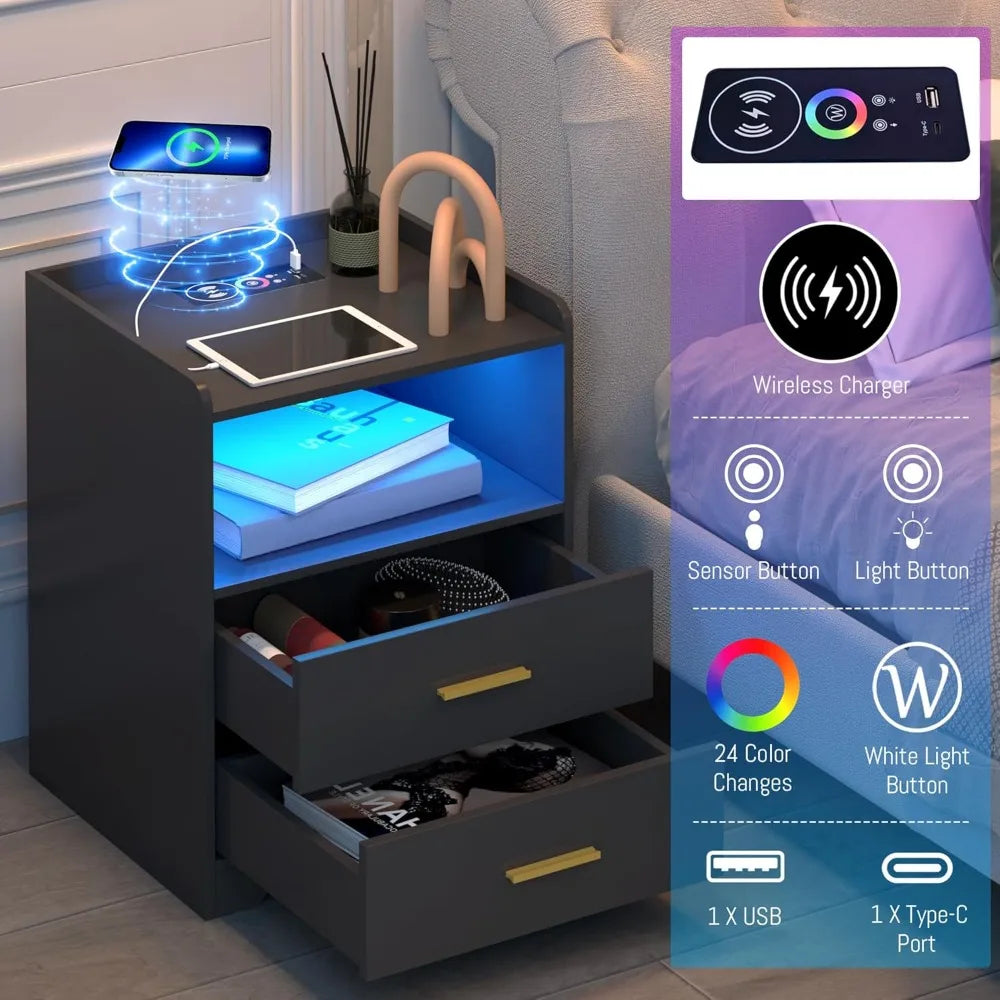 LED Nightstand with Charging Station Modern RGB Bedside Table