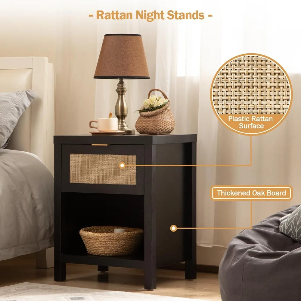Rattan Night Stands Set of 2 Farmhouse Nightstand Bedside Table