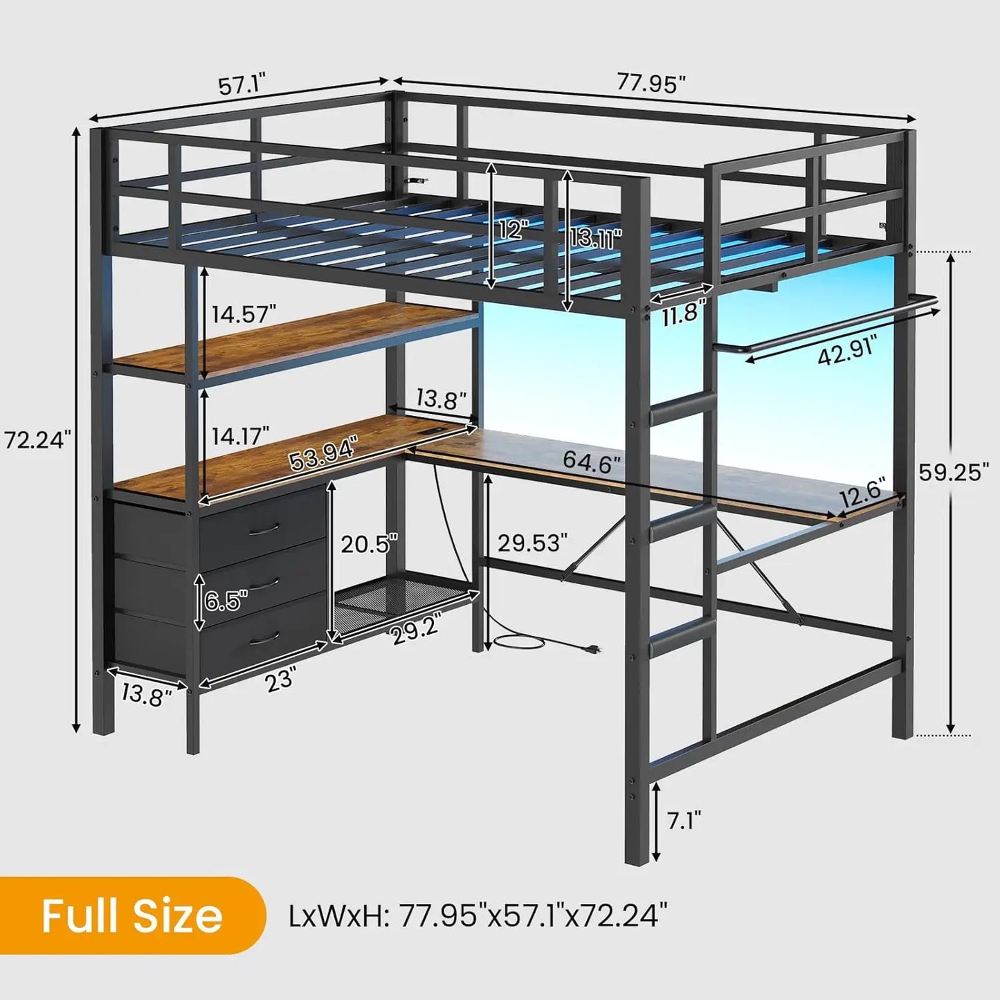 Loft Bed Full Size with Desk Charging Station LED Lights Open Shelves