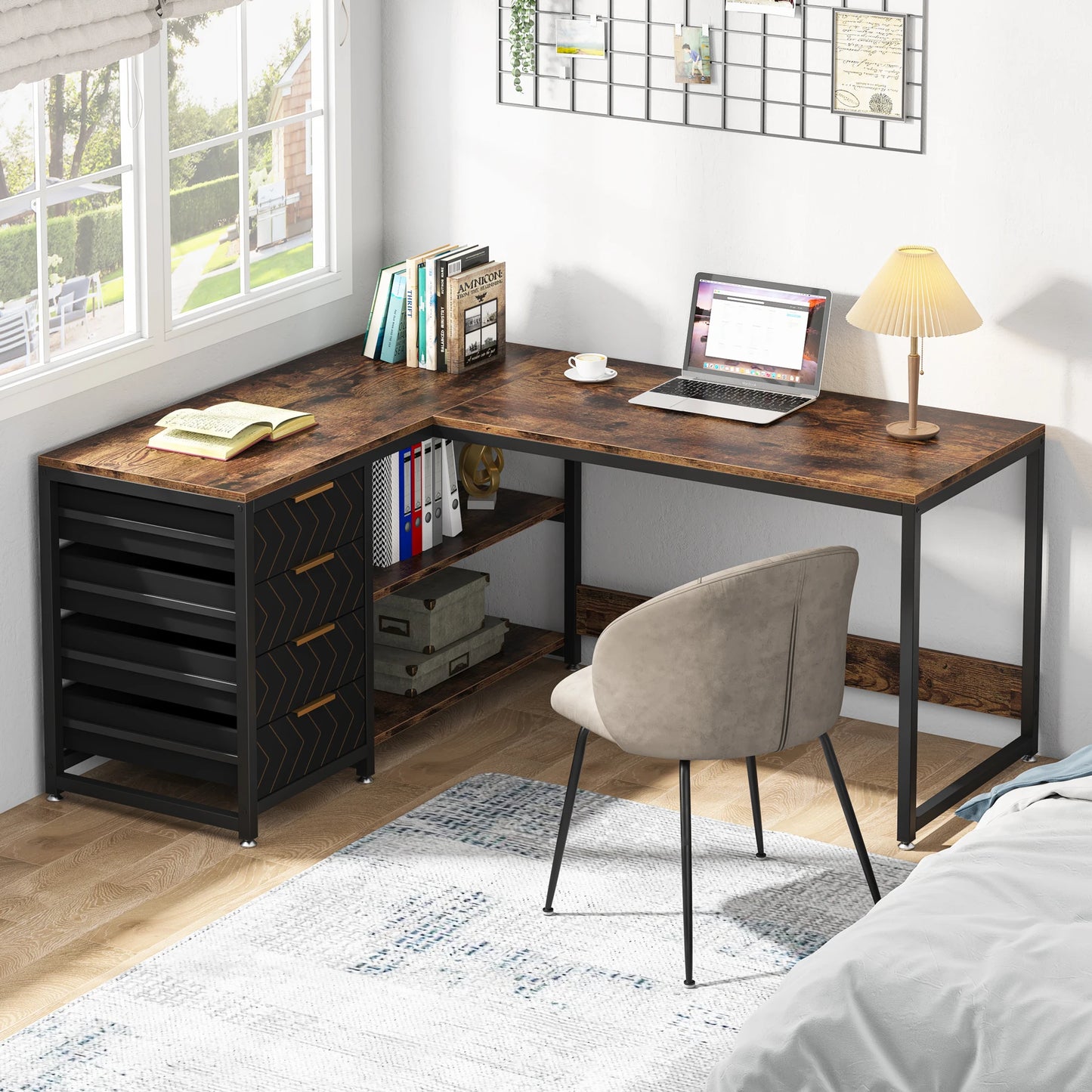 L Shaped Computer Desk with Storage Drawers Reversible Corner Desk
