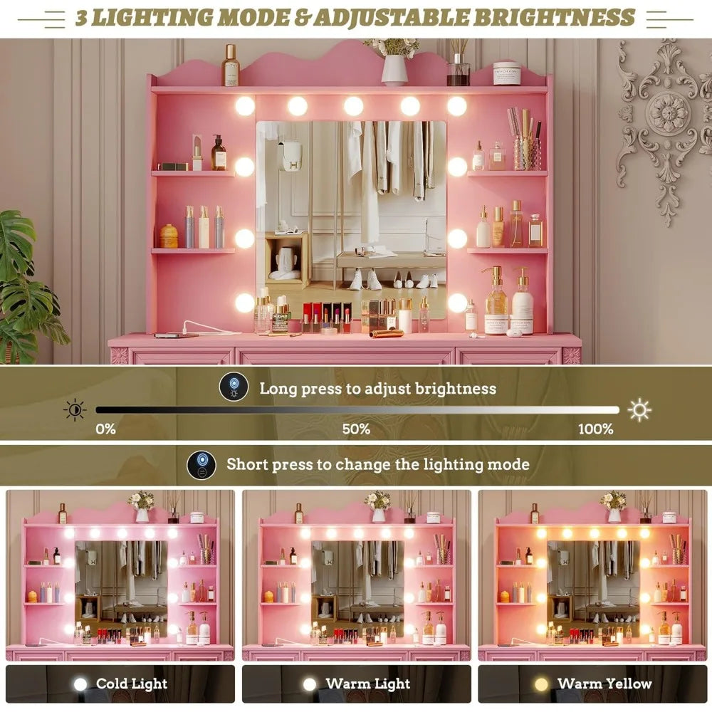 Large Makeup Vanity Desk with Mirror Lights Charging Station and Drawers