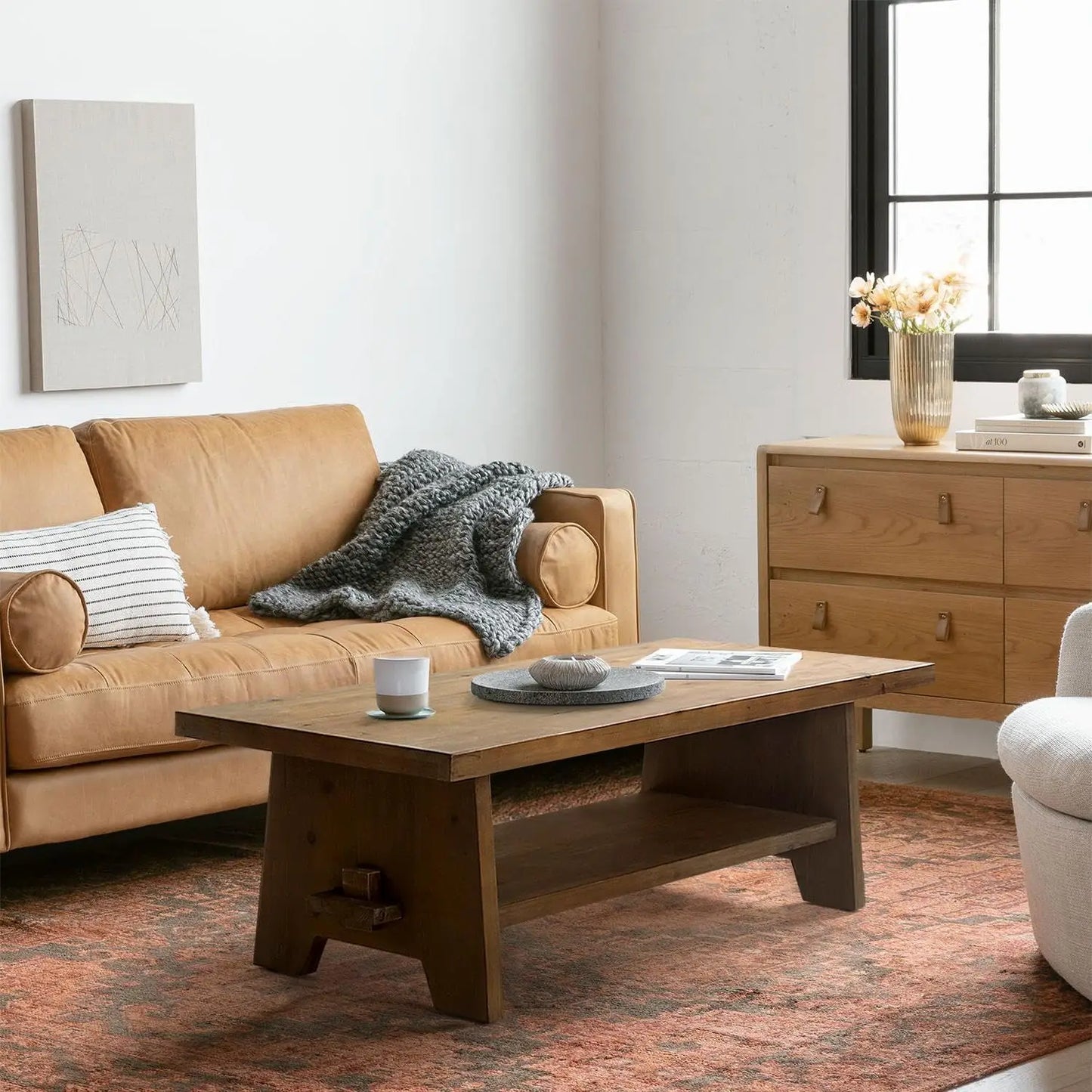 Farmhouse Wood Coffee Table 43.4 Inch Mid Century Modern Firwood