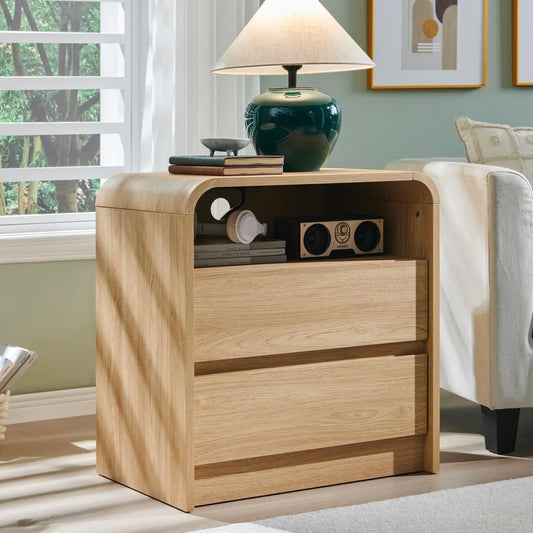 Modern Nightstand with Charging Station 25" Tall 2 Drawers Mid Century