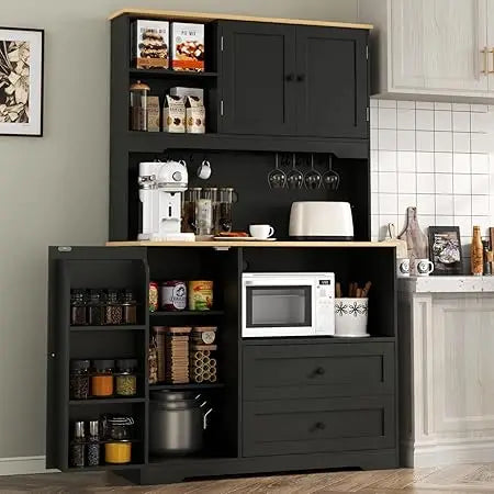 Kitchen Pantry Storage Cabinet Freestanding Buffet with Wine Glass Holder