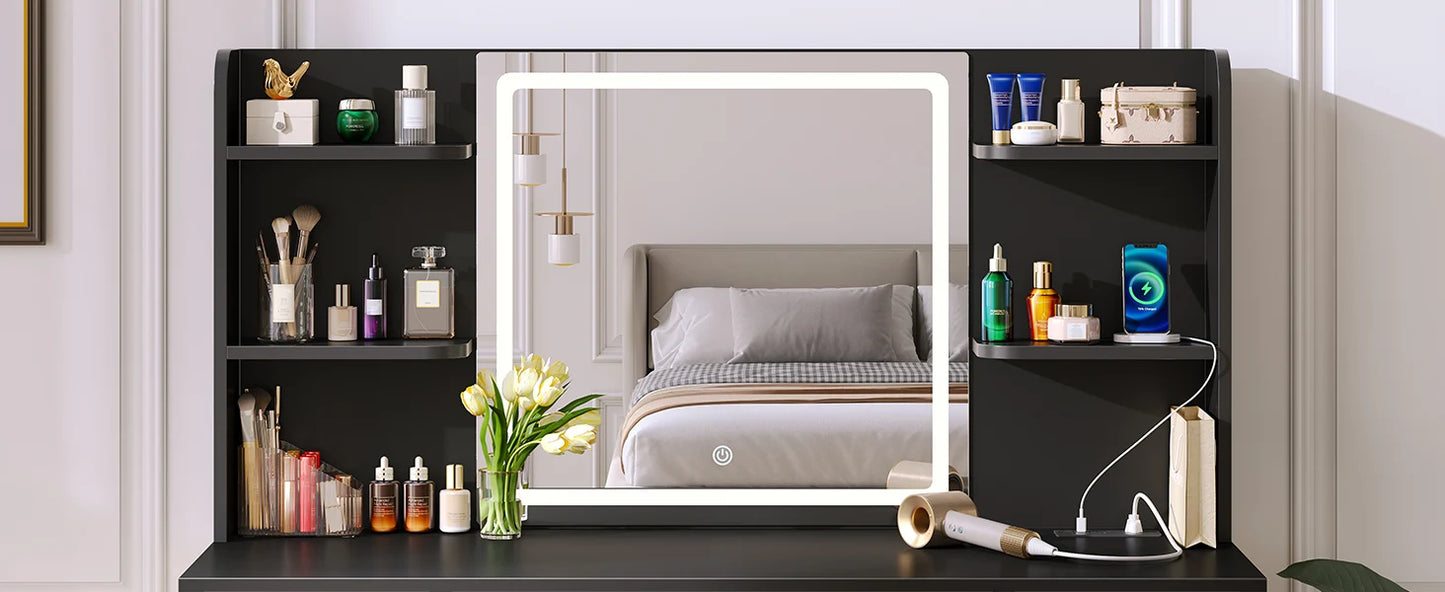 Vanity Desk with Lighted Mirror Power Outlet 7 Drawers 3 Lighting Modes