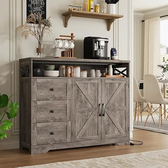 47 Inch Dark Brown Farmhouse Storage Cabinet with Barn Doors and Drawers