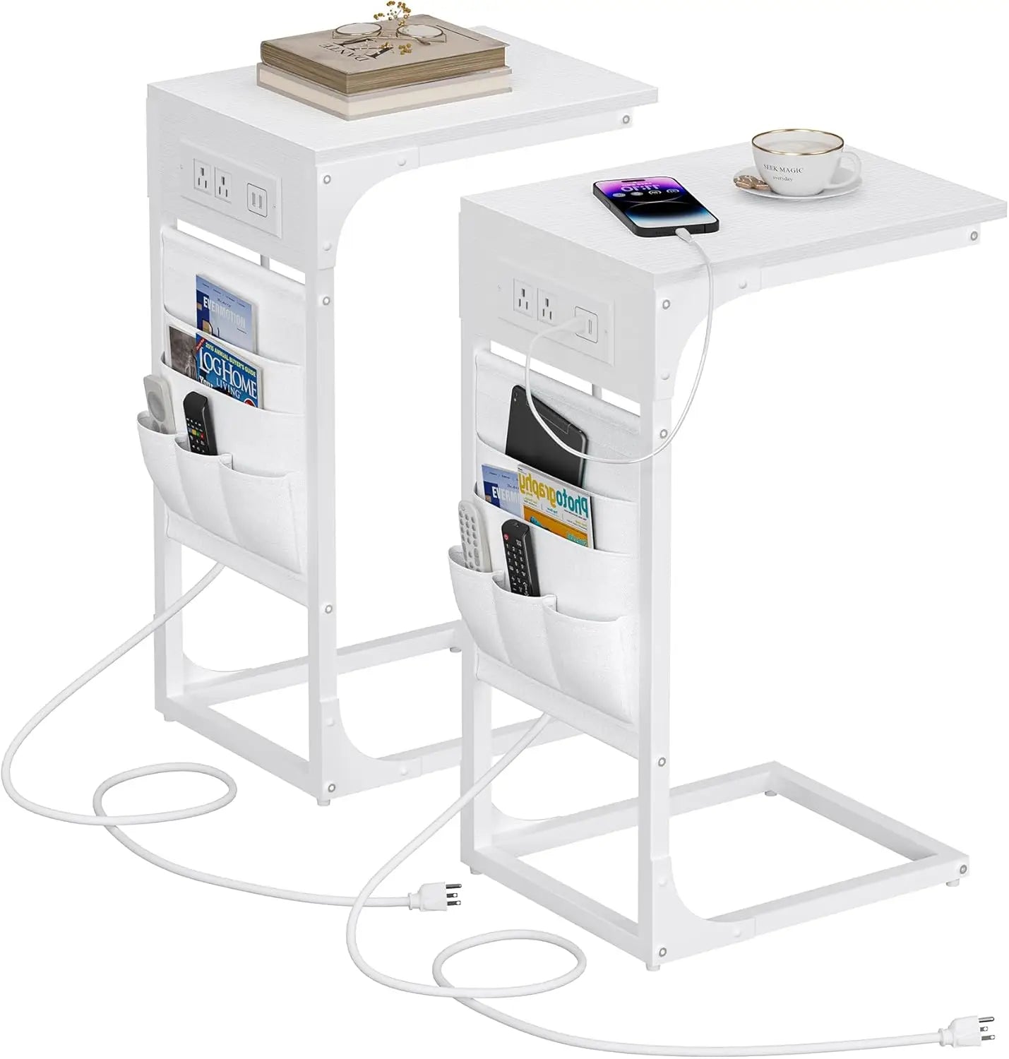 Shaped End Table Set of 2 with Charging Station USB Ports Storage Bag