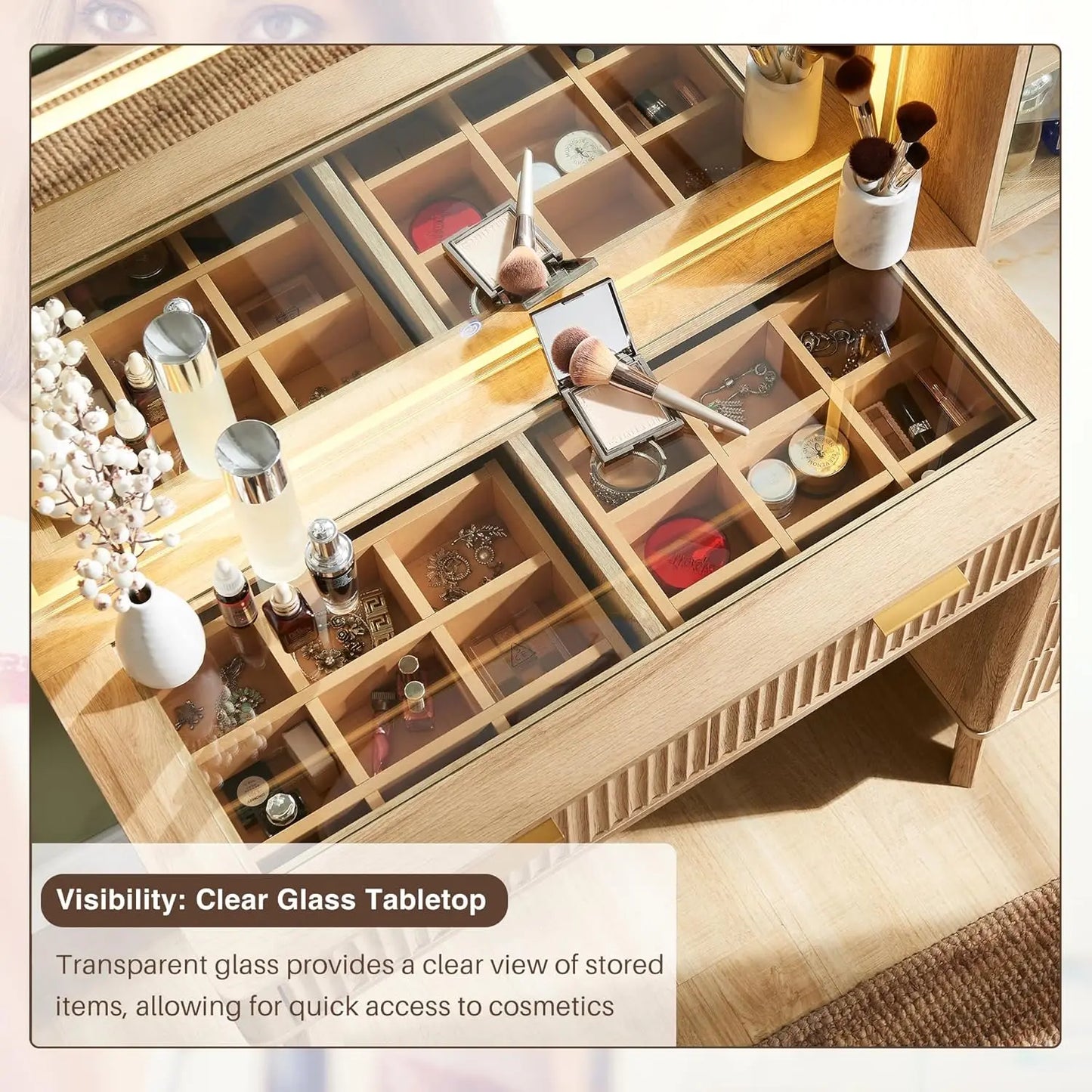 48 Inch Fluted Makeup Vanity Desk with Mirror Lights and 5 Drawers