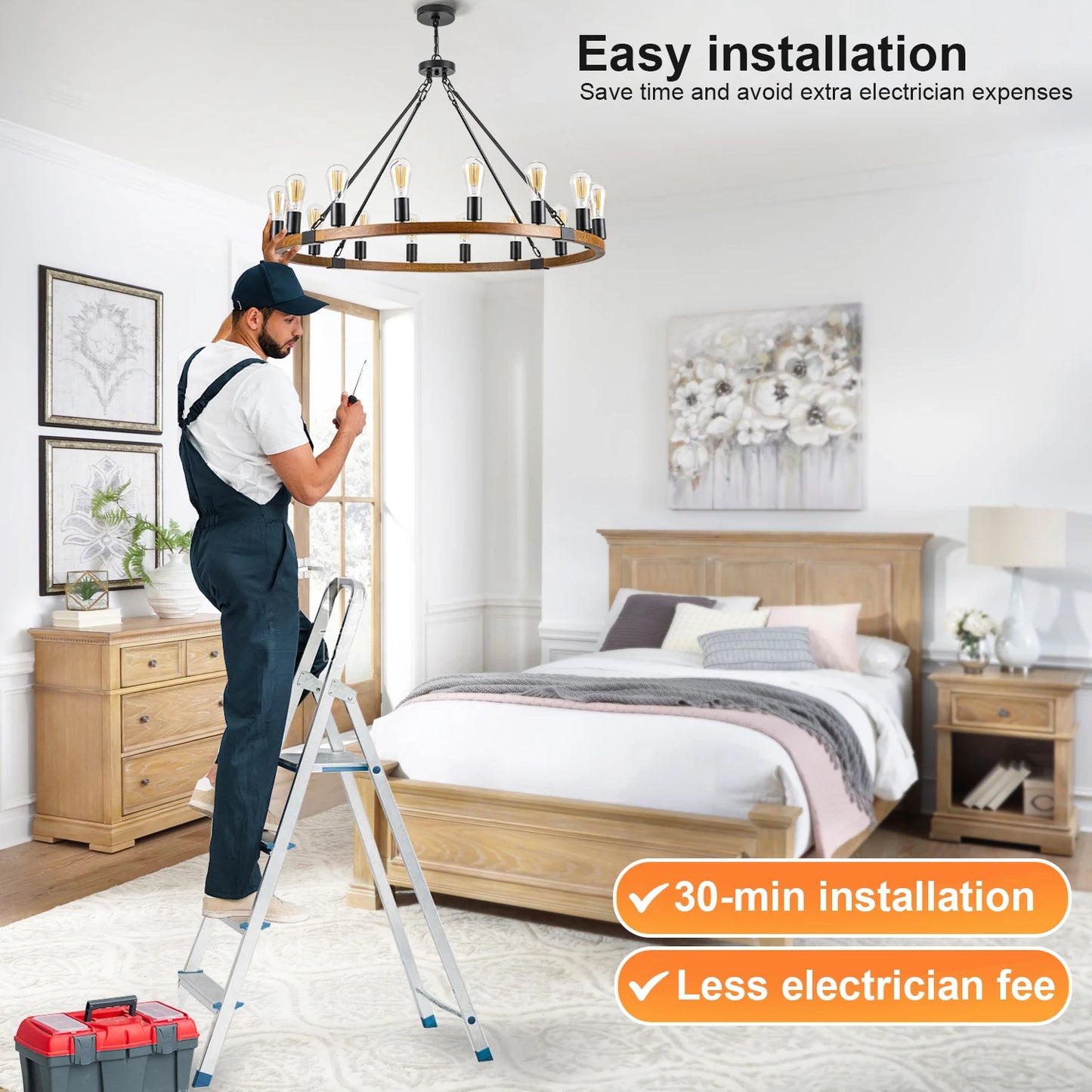 Wood Wagon Wheel Chandelier Rustic Farmhouse 16-Light Pendant Light