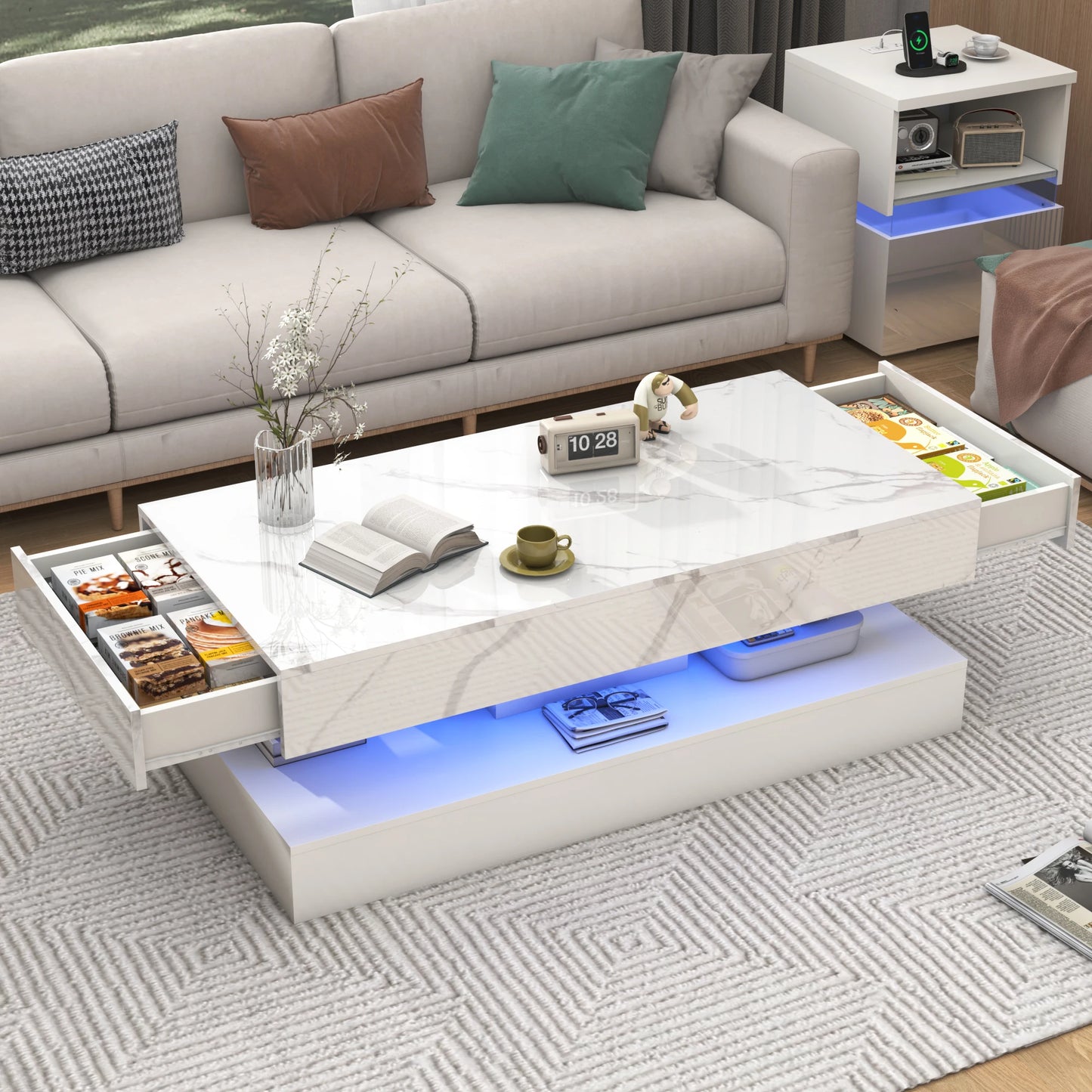 Modern Coffee Table with LED Lights Double-Layer Design Storage Drawers