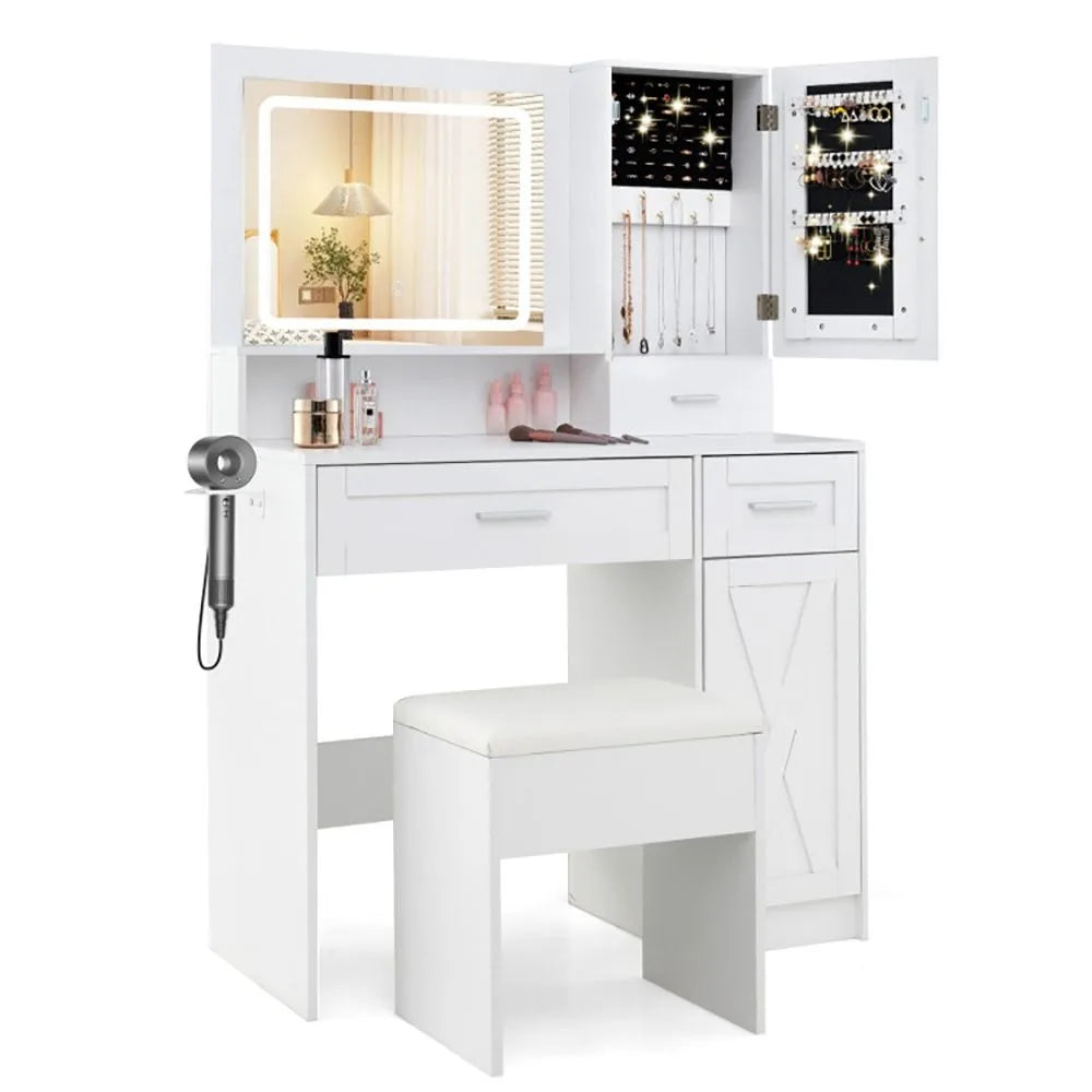 Makeup Vanity Desk with Mirror LED Lights Dressing Table and Stool Set