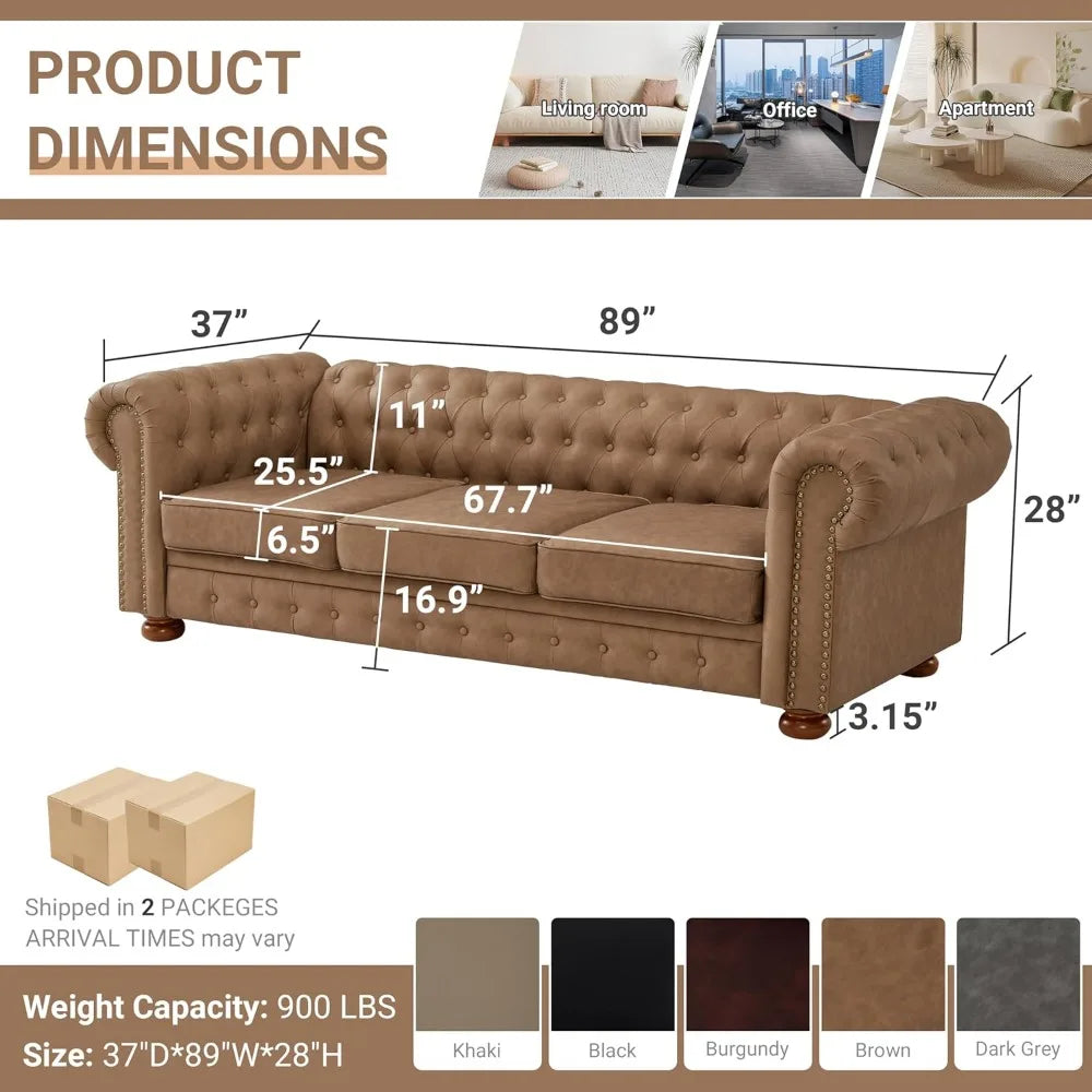 Ljustra Chesterfield Leather Sofa Mid Century Modern Couch 89 Inch