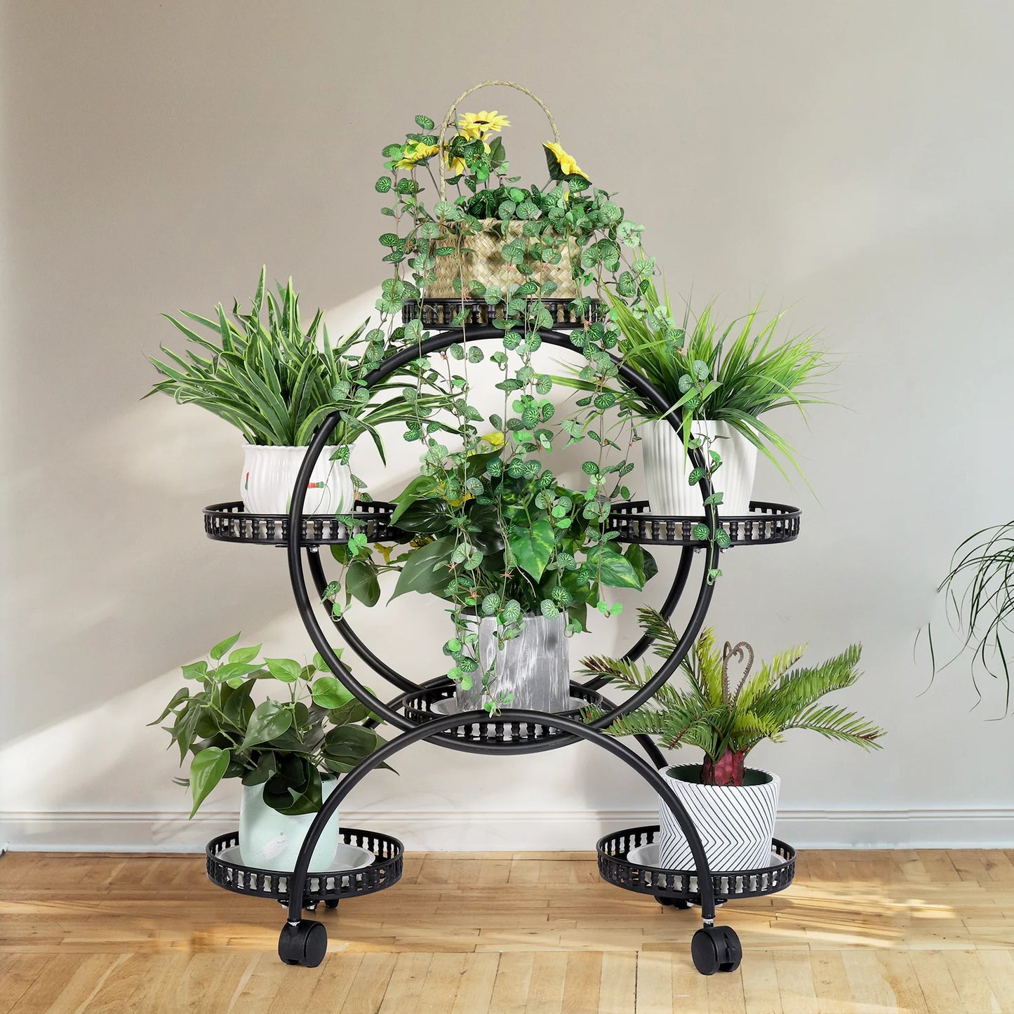 6 Tier Metal Plant Stand Rolling Flower Pot Rack Indoor Outdoor