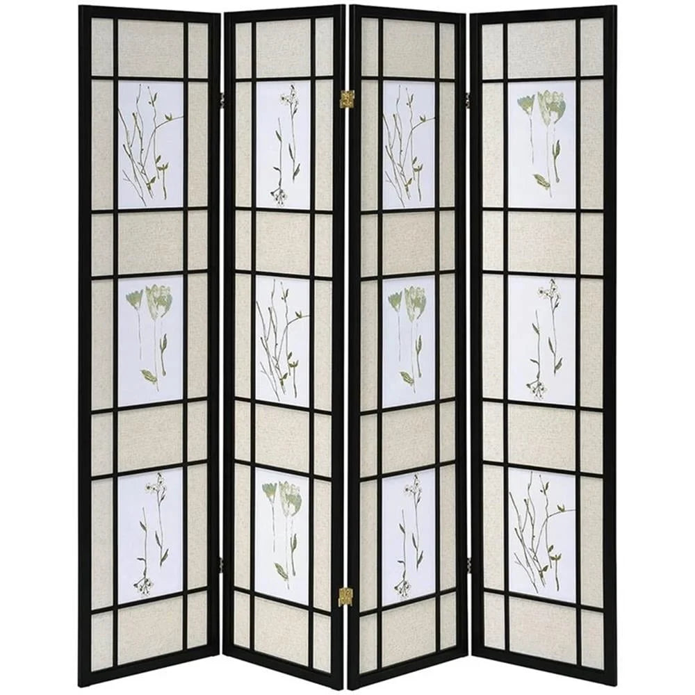 Traditional Wood Four Panel Floral Folding Room Divider Privacy Screen