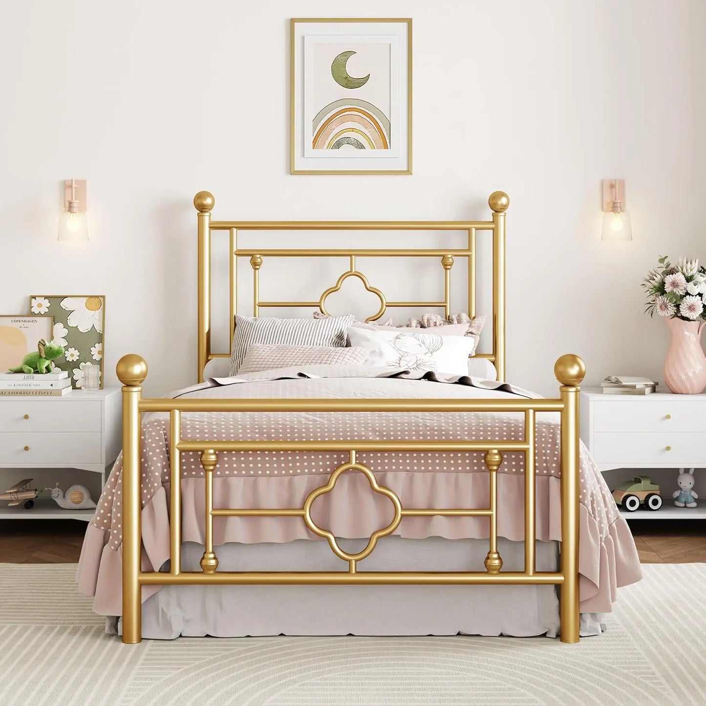 Vintage Twin Size Metal Platform Bed Frame with Headboard and Footboard