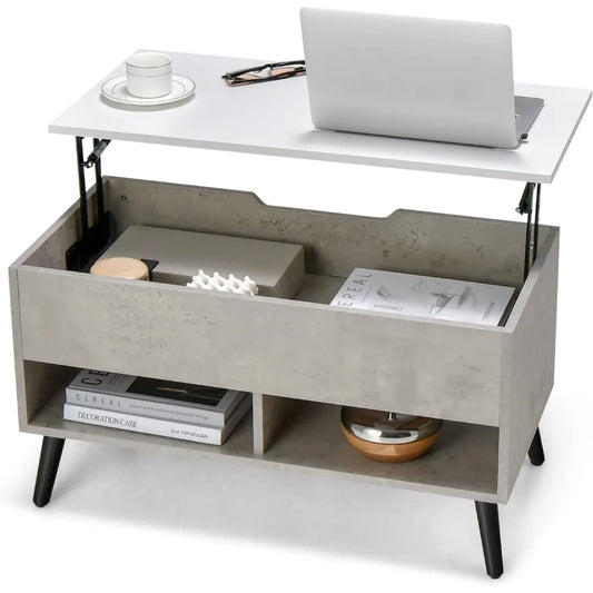 Modern Lift Top Coffee Table with Hidden Compartment and Open Shelves