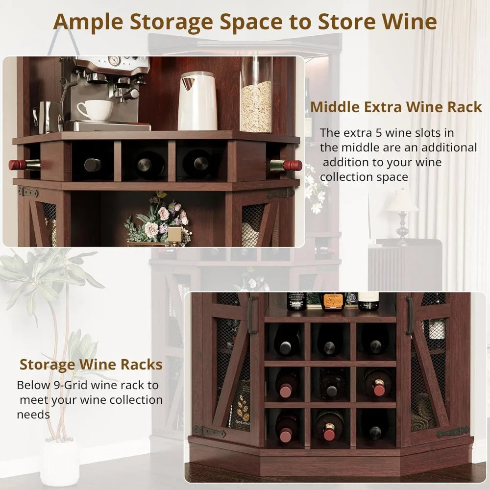 Tall Corner Bar Cabinet with LED Light Tempered Glass Rack Wine Storage