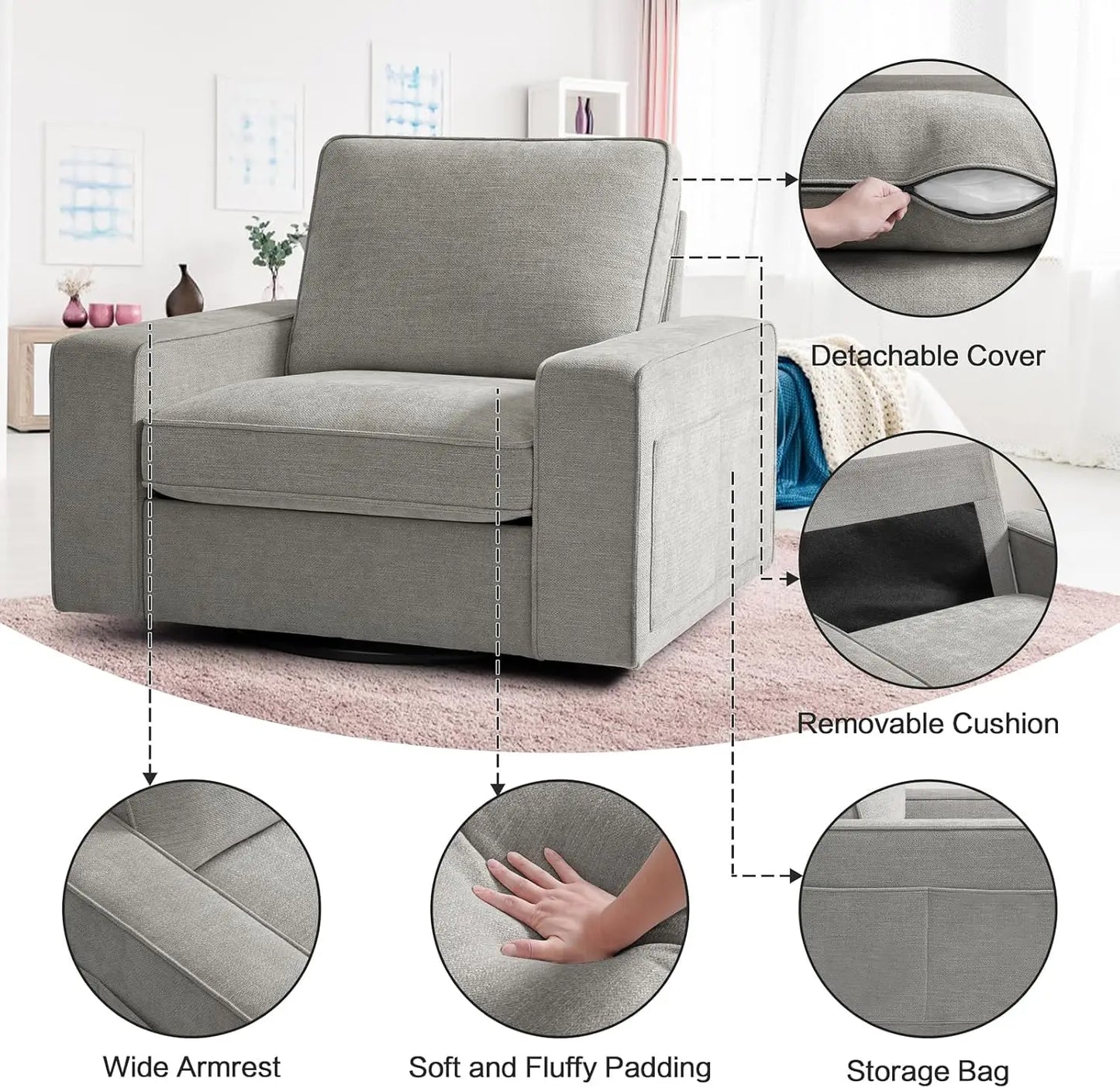 Swivel Accent Chair Comfortable Single Sofa Chair Washable Cover