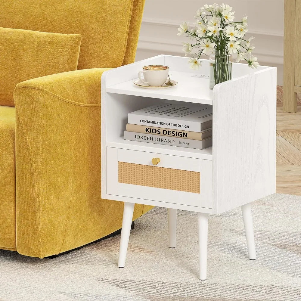 Rattan Nightstand with Charging Station Mid Century Modern Bedside Table