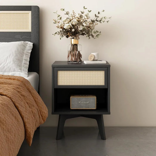 Boho Nightstand Rattan Drawer Open Shelf Black Wood Mid Century Modern