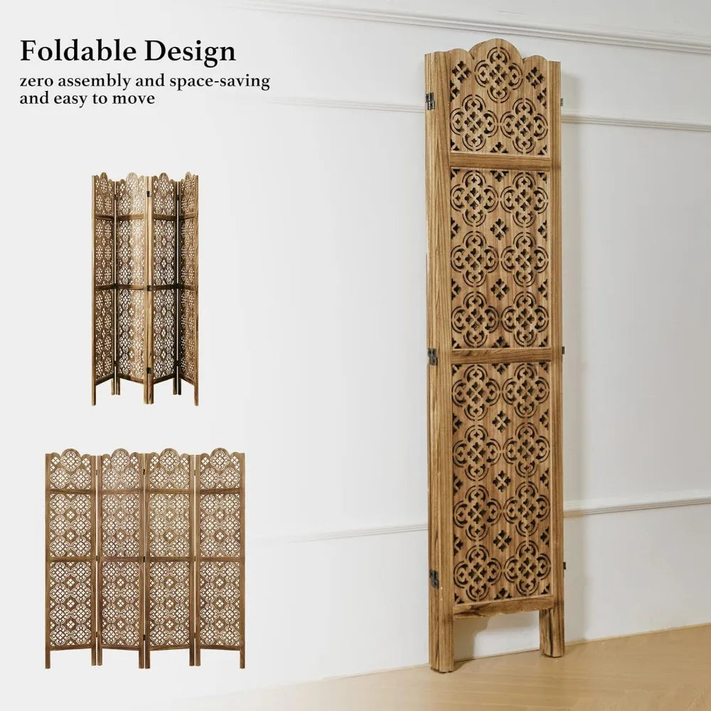 68.9Inch Folding Room Divider 4 Panels Wood Carved Privacy Screen