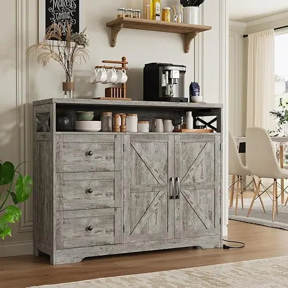 47 Inch Dark Brown Farmhouse Storage Cabinet with Barn Doors and Drawers