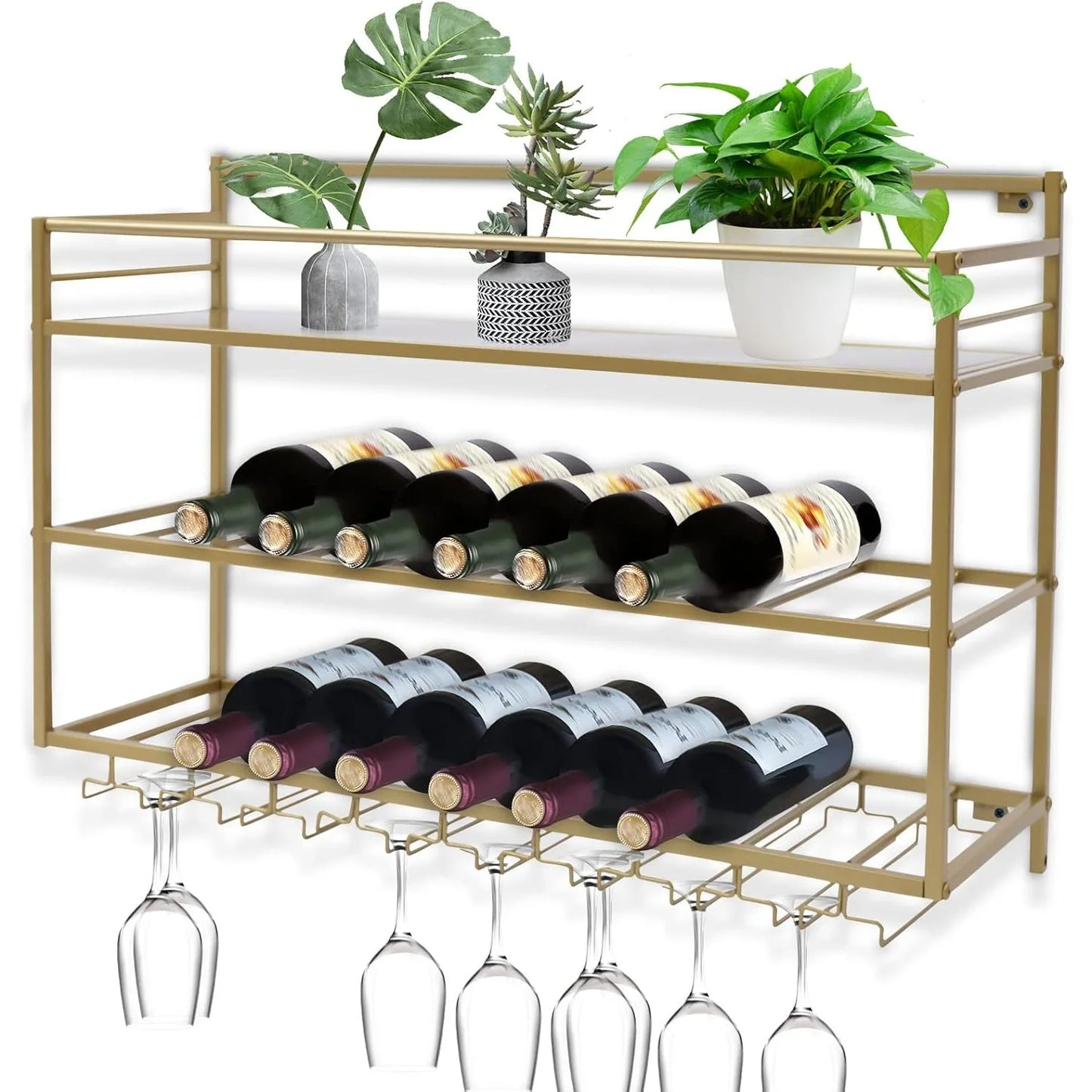 Wine Rack Wall Mounted 3 Layer Metal Storage Shelf Goblet Holder