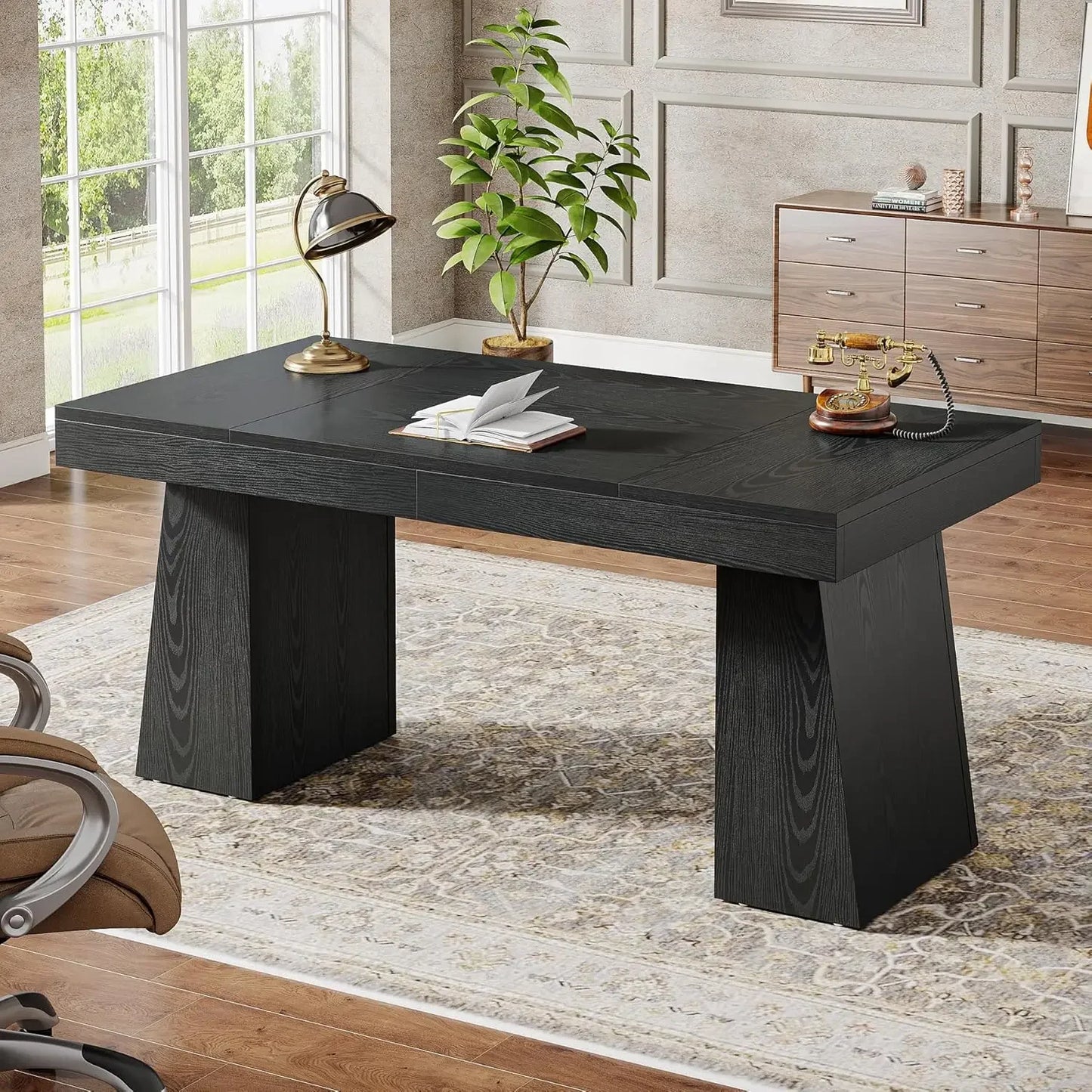 55 Inch Mid-Century Modern Executive Desk Wood Computer Business Workstation