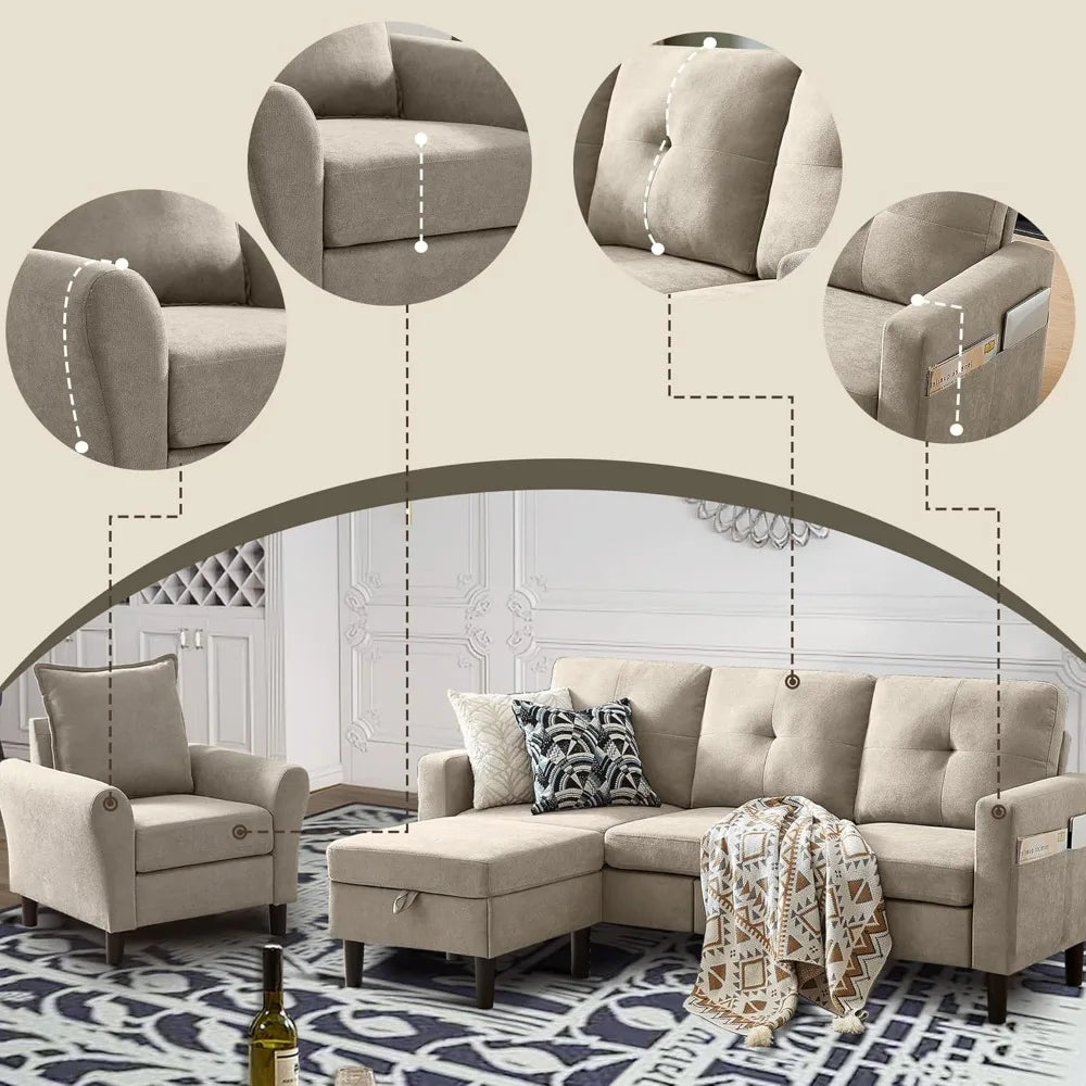 Ljustra Convertible Sectional Sofa Set Modern 3-Seat Couch Reversible Chaise