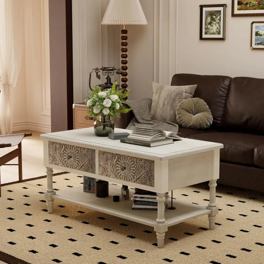 Vintage Coffee Table with Drawers Two Tier Farmhouse Wood Table