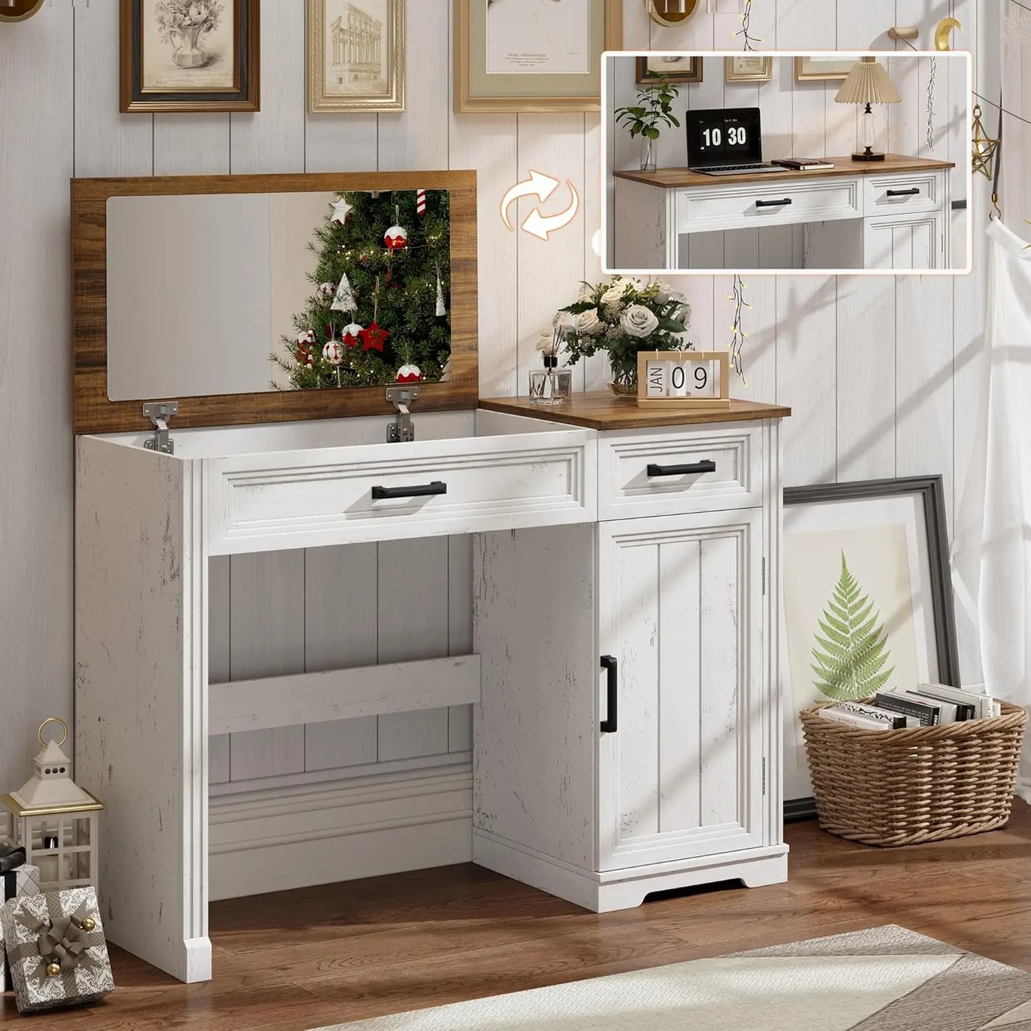 Farmhouse Vanity with Flip Mirror and Storage Cabinet for Bedroom