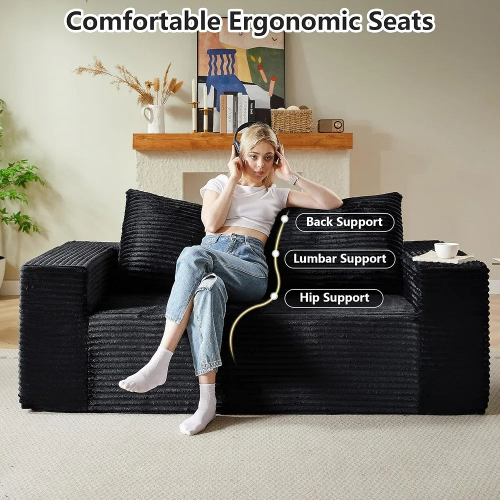 63" Loveseat Sofa Corduroy Sponge Double Sofas Cloud Couch with Pillows