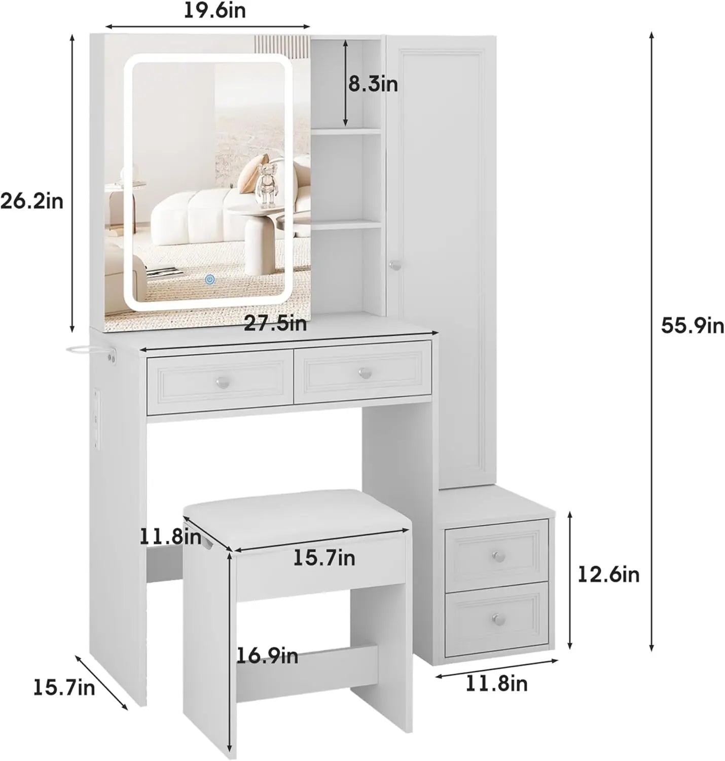Makeup Vanity Desk with LED Mirror Jewelry Storage Charging Station