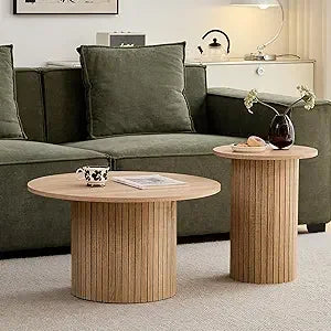 Small Round Coffee Table Set of 2 Wood Finish Nesting Tables Living Room
