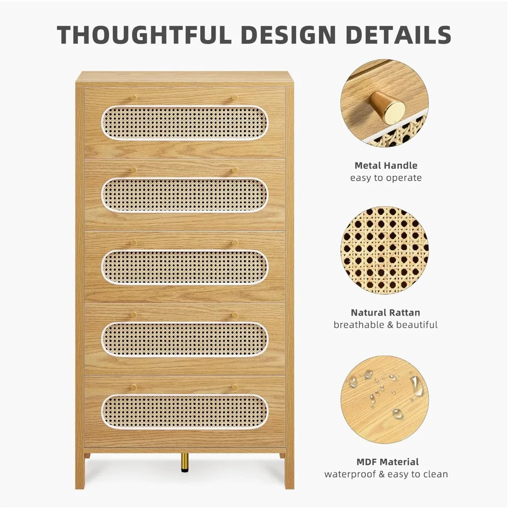 47 Inch Tall Rattan 5 Drawer Dresser Boho Storage Chest of Drawers