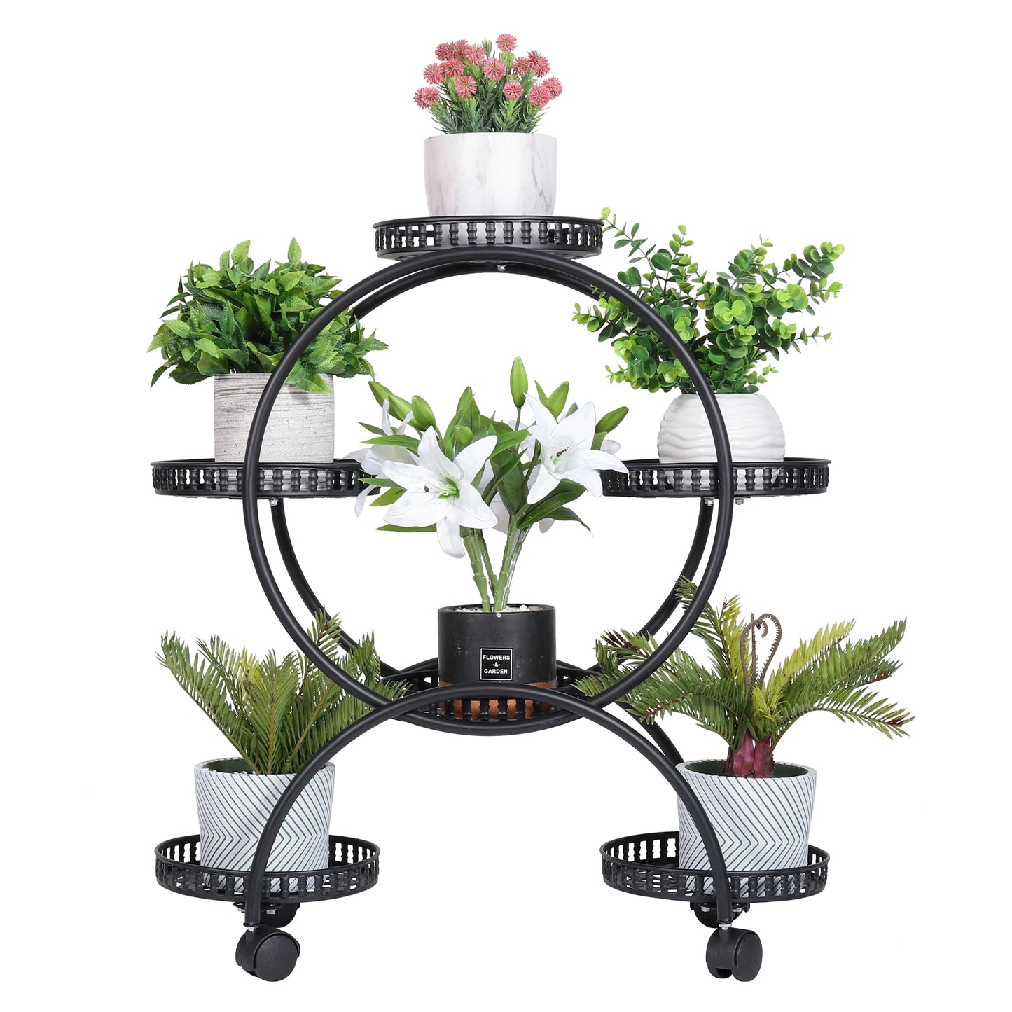 6 Tier Metal Plant Stand Rolling Flower Pot Rack Indoor Outdoor