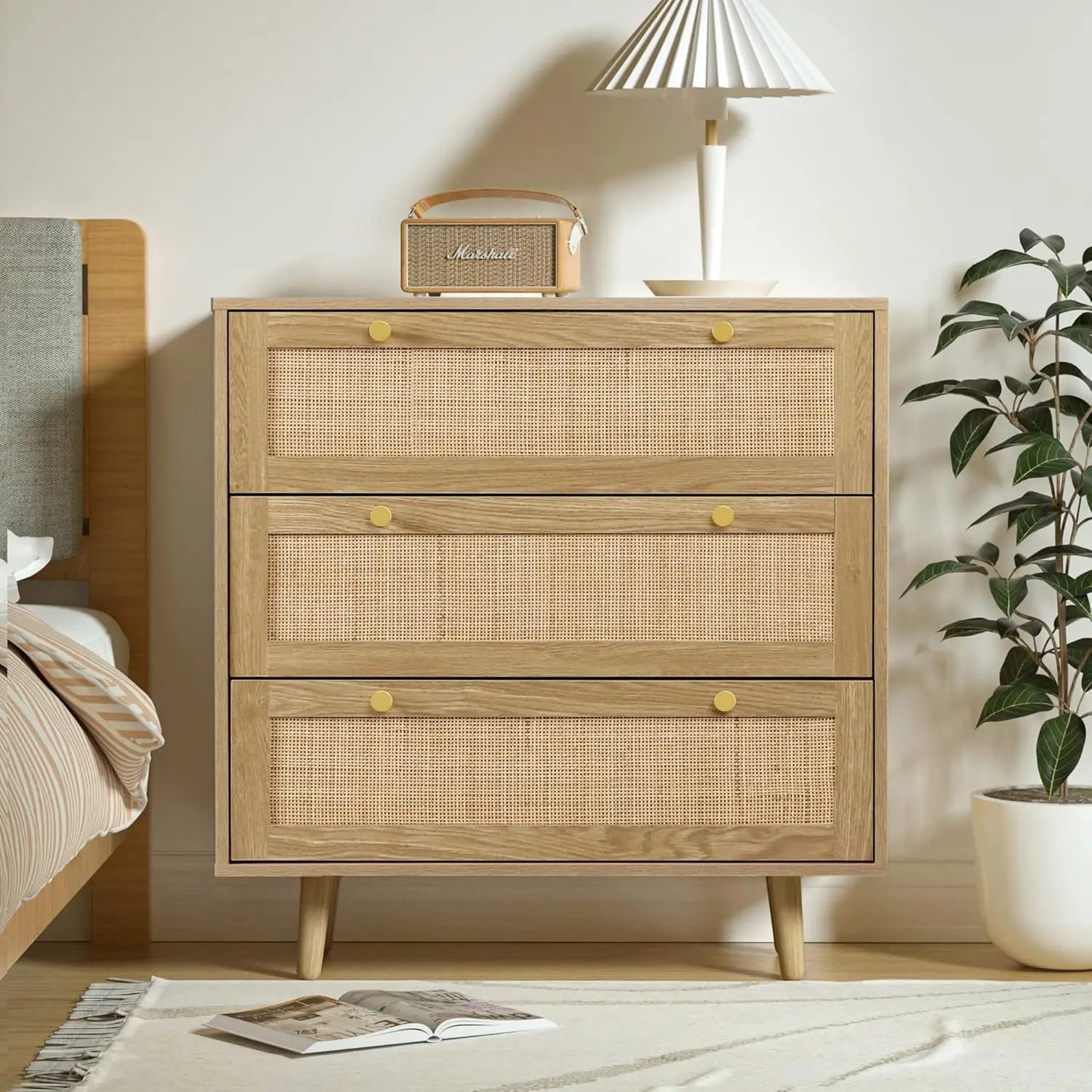 3 Drawer Dresser Rattan Chest of Drawers Modern Storage for Bedroom