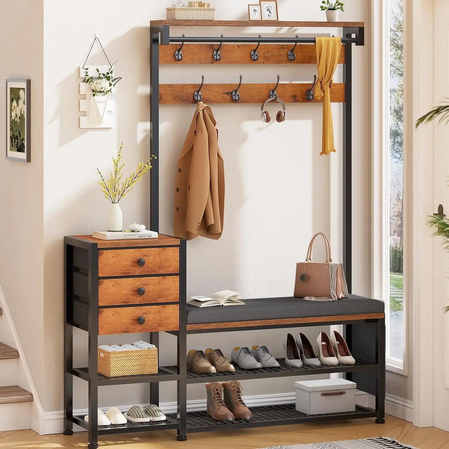 Ljustra 7-in-1 Entryway Bench Coat Rack Storage with Cushion and Drawers