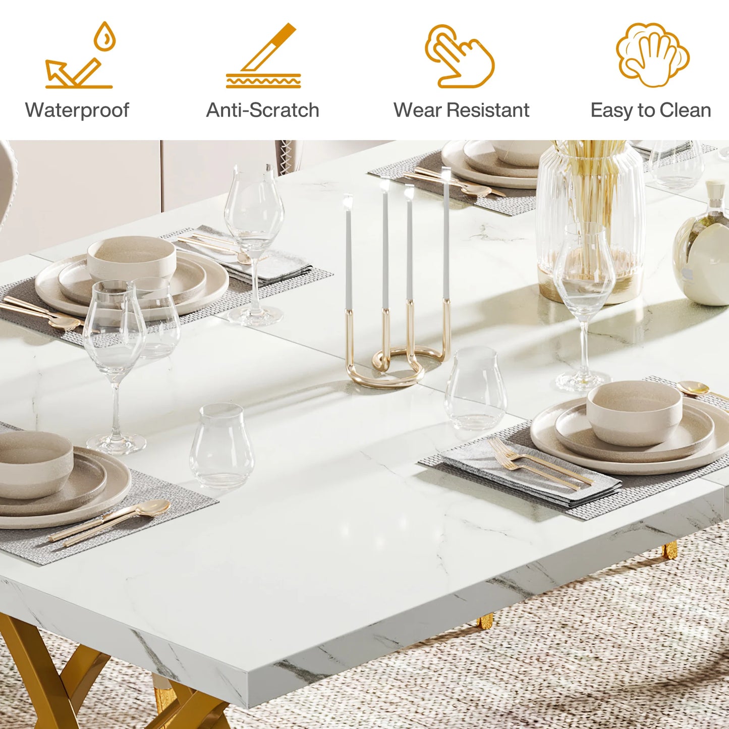 Ljustra 63 Inch Dining Table Rectangular Kitchen Faux Marble Modern Design