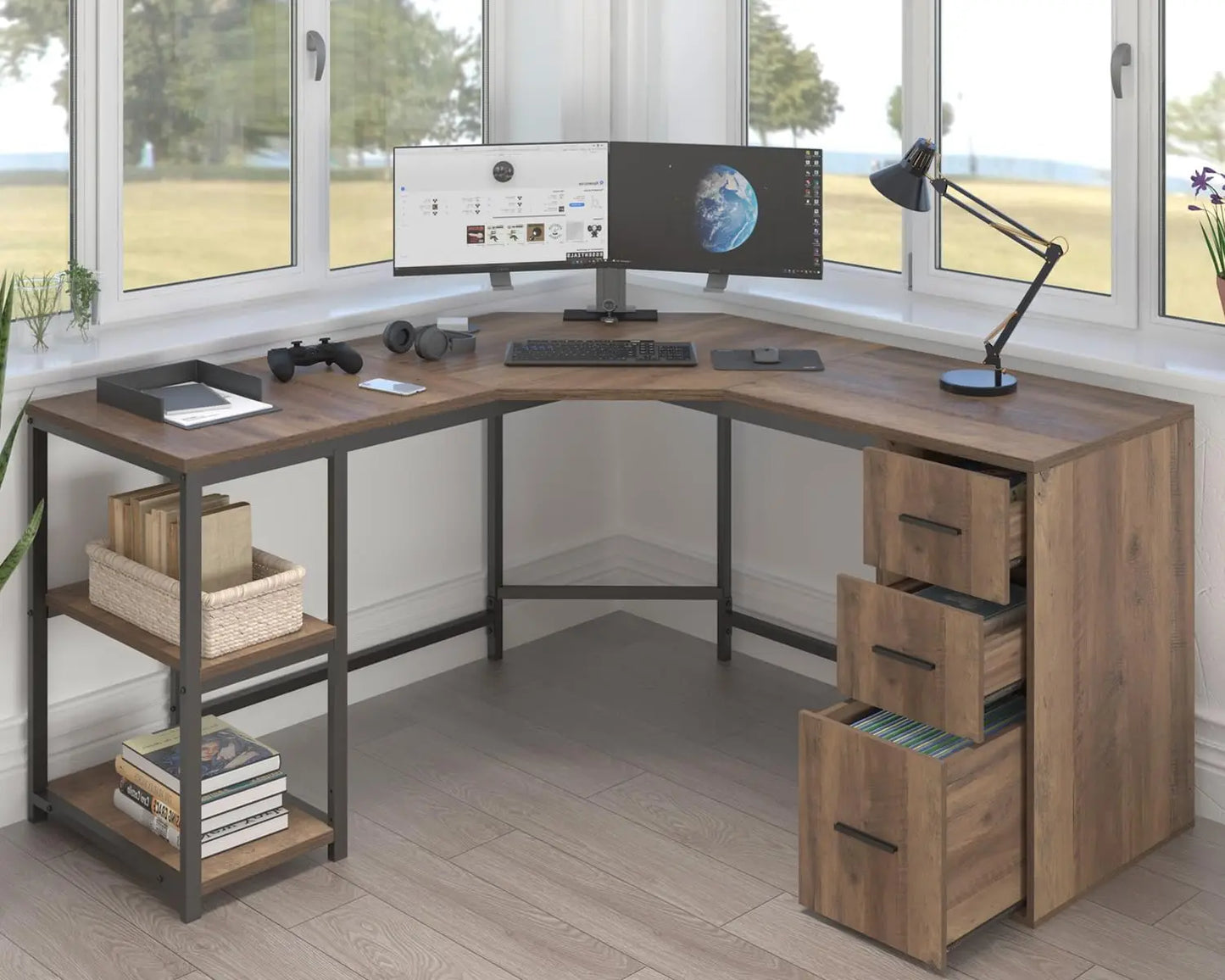 Rustic L Shape Computer Desk with File Cabinet Reversible Corner Desk