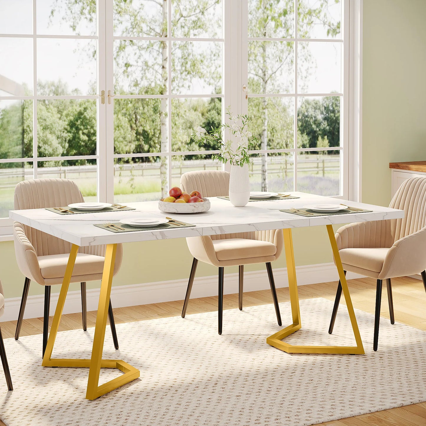 Ljustra 63 Inch Dining Table Rectangular Kitchen Faux Marble Modern Design