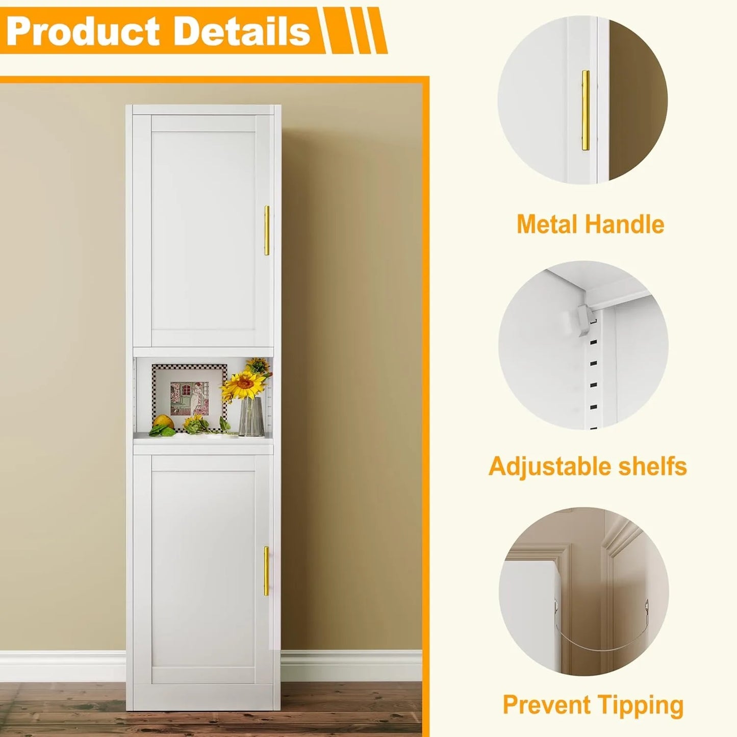Tall Narrow Storage Cabinet 66.93" H Adjustable Shelves Home Office Kitchen