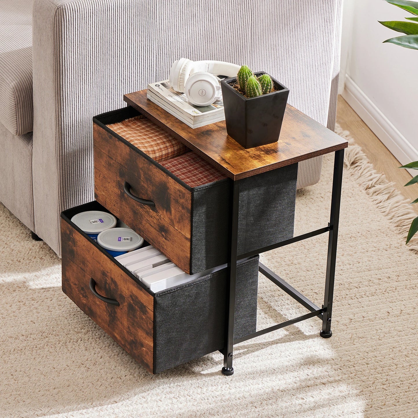 Ljustra Nightstand Bedside Table with 2 Fabric Drawers for Storage
