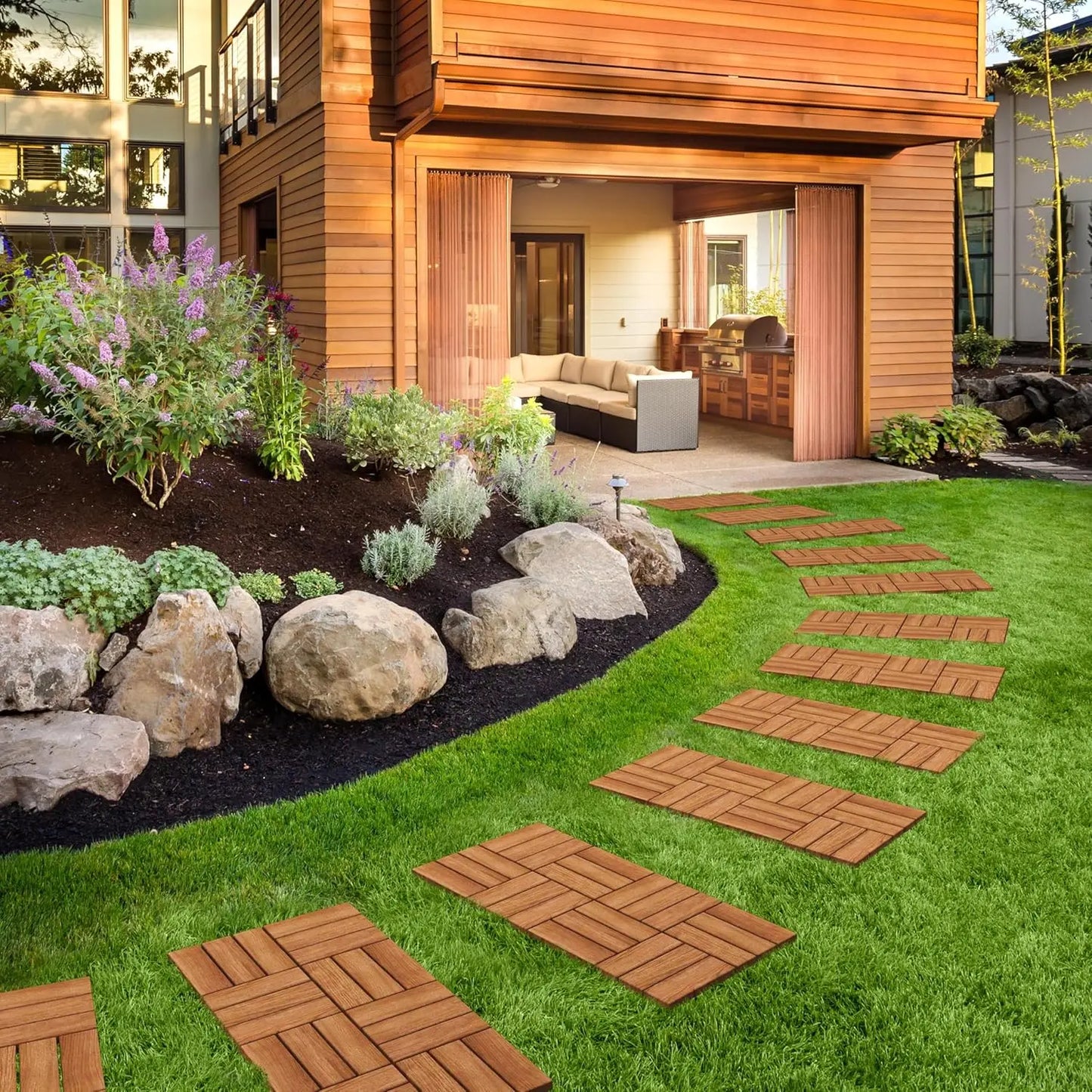 108pcs Interlocking Acacia Hardwood Patio Deck Tiles Waterproof Outdoor