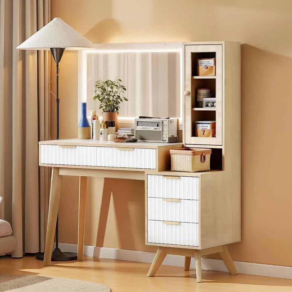 Makeup Vanity Desk with Mirror LED Lights Charging Storage Glass Top